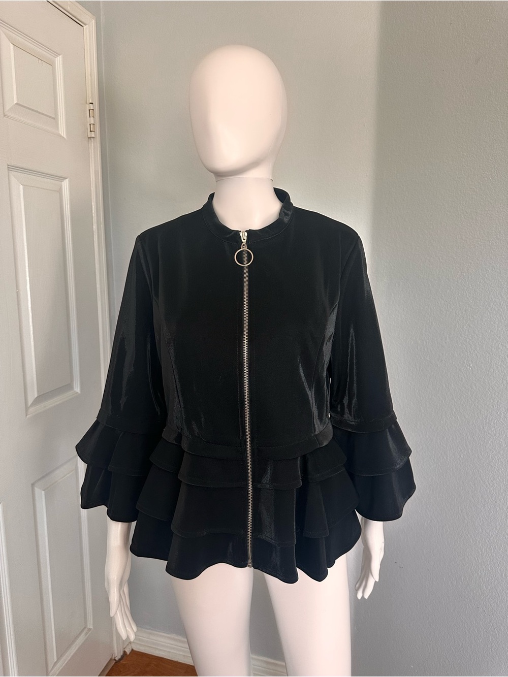 Gracia Black Tiered Ruffle Zip-Front Bomber Jacket